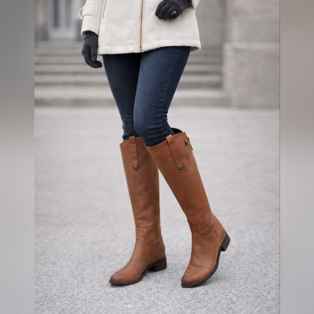 Sam Edelman Penny Leather Riding Boots Size 6.5W back zipper closure round toe